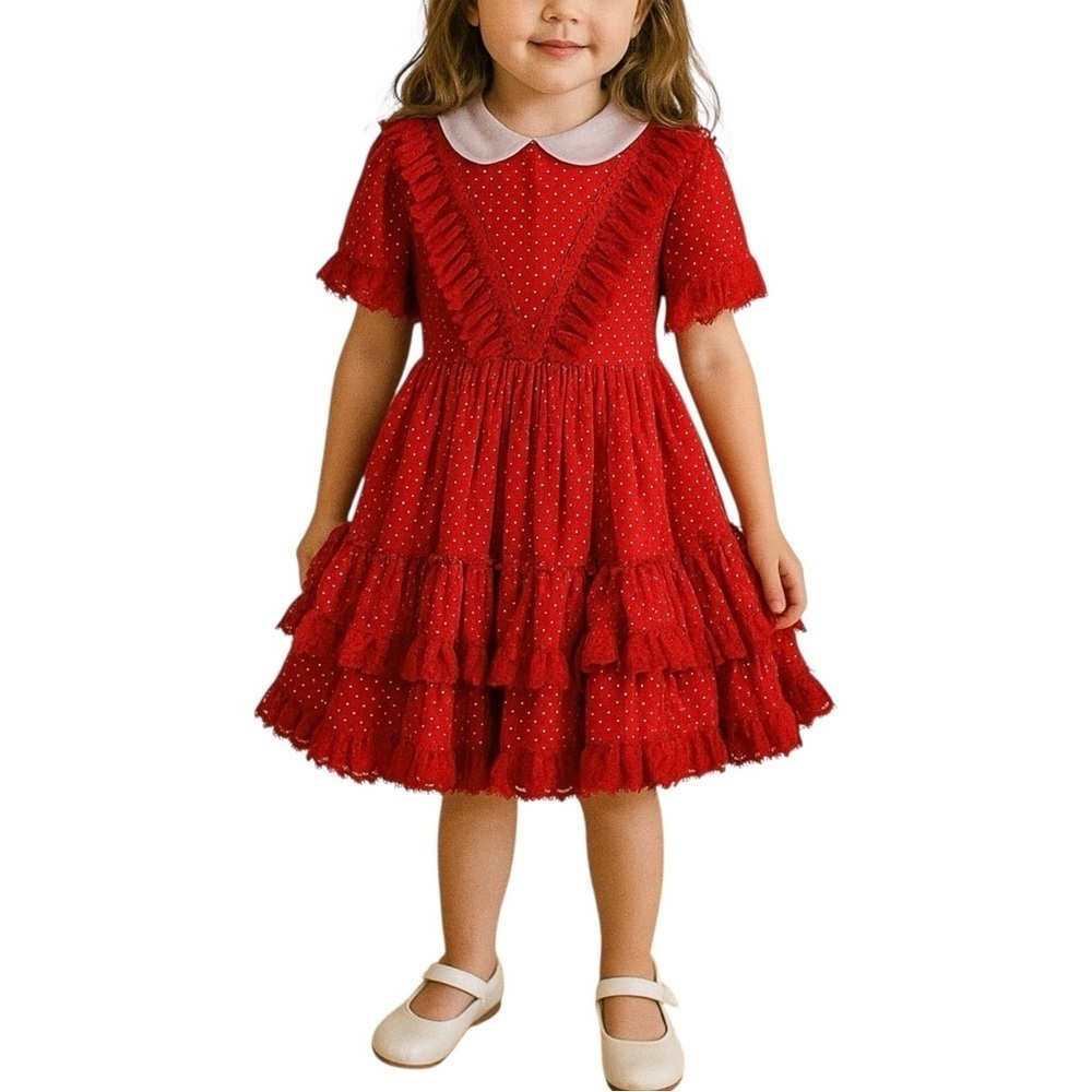 VINTAGE 80s LILO CALIFORNIA USA Ruffle Tiered Polka Dot Lace Trim Dress